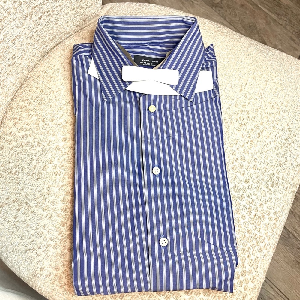 Zara Man Blue and White Pinstripe Button Down Dress Shirt